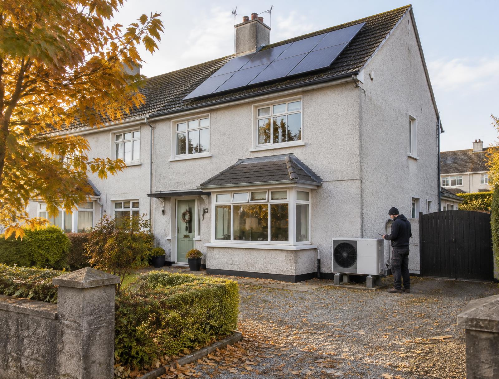 A heat pump and rooftop solar panels on an Irish home