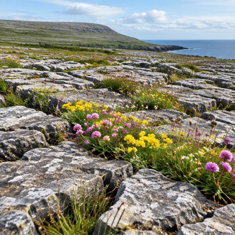 Wildflowers growing across the Burren limestone pavement