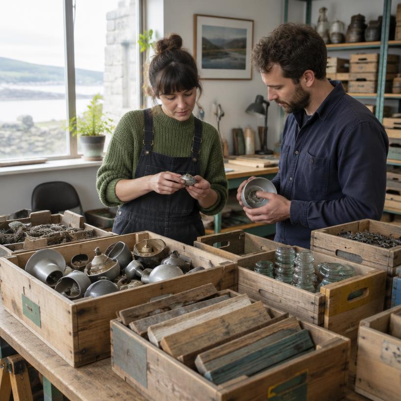 Designers inspecting reclaimed materials in an Irish workshop
