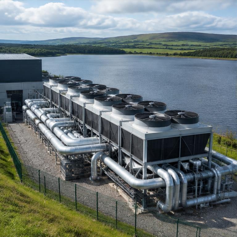 Data centre cooling infrastructure beside an Irish reservoir