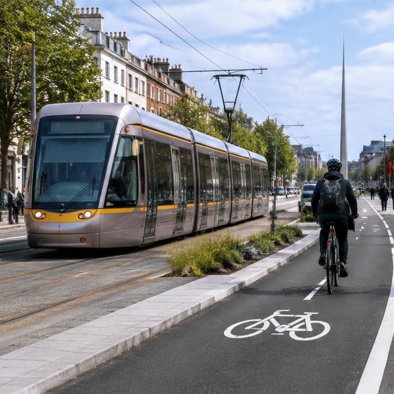 A tram and protected cycle lane in Dublin