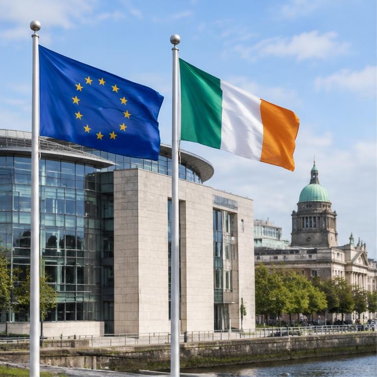 European Union and Irish flags outside a government building
