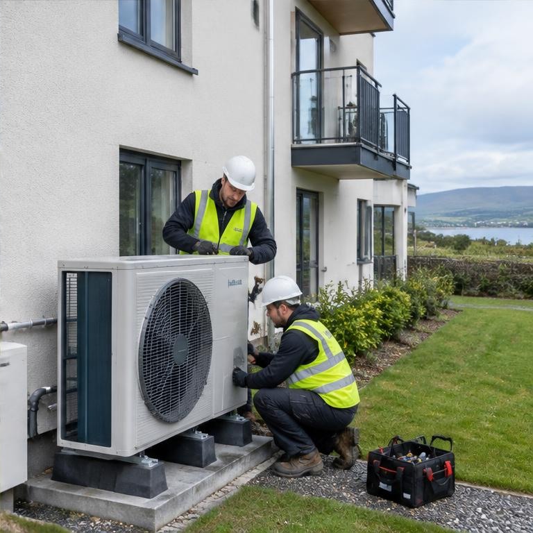 Engineers installing a heat pump at an Irish home