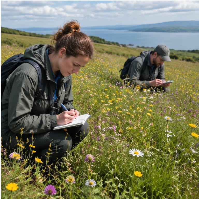 Ecologists surveying a wildflower meadow in Ireland