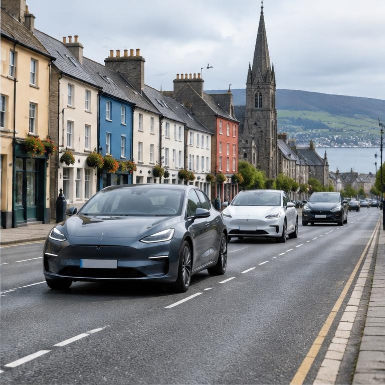 Electric cars travelling through an Irish town