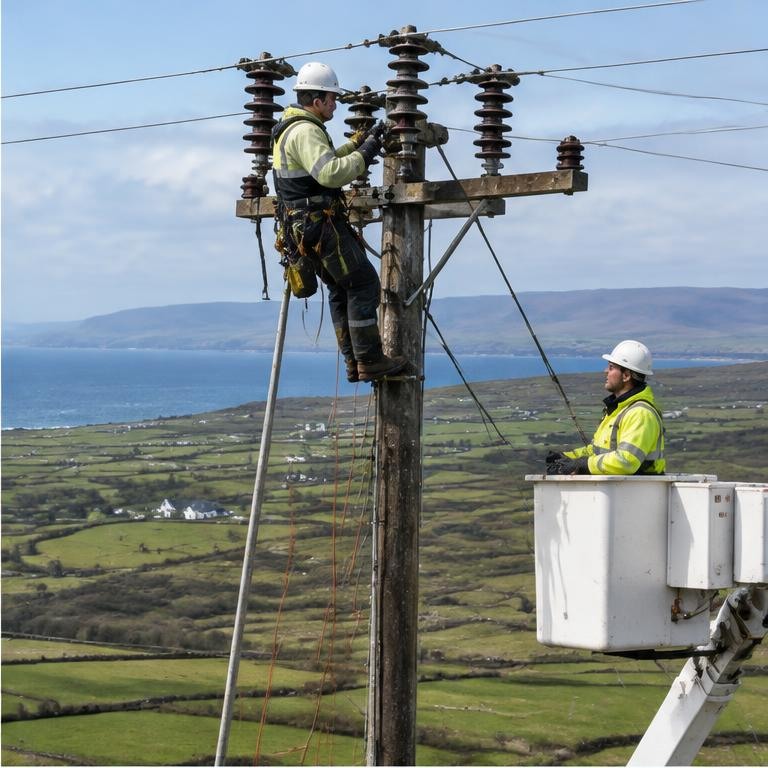 Electricity network engineers maintaining overhead lines