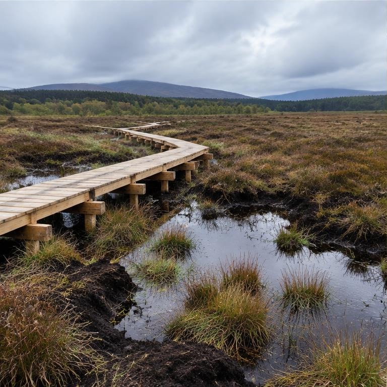 Restored Irish peatland beside a timber boardwalk