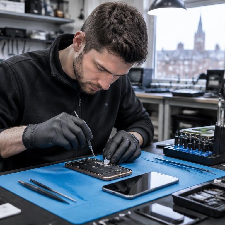 A technician repairing a smartphone