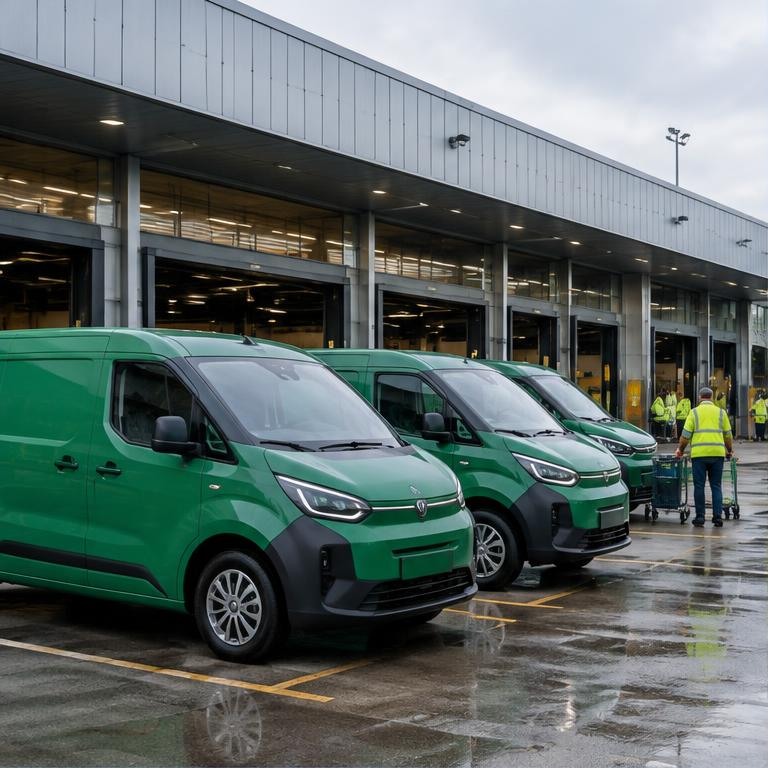 Electric delivery vans at an Irish sorting depot