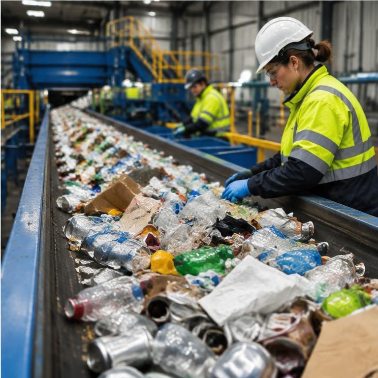 Materials being sorted at a recycling facility