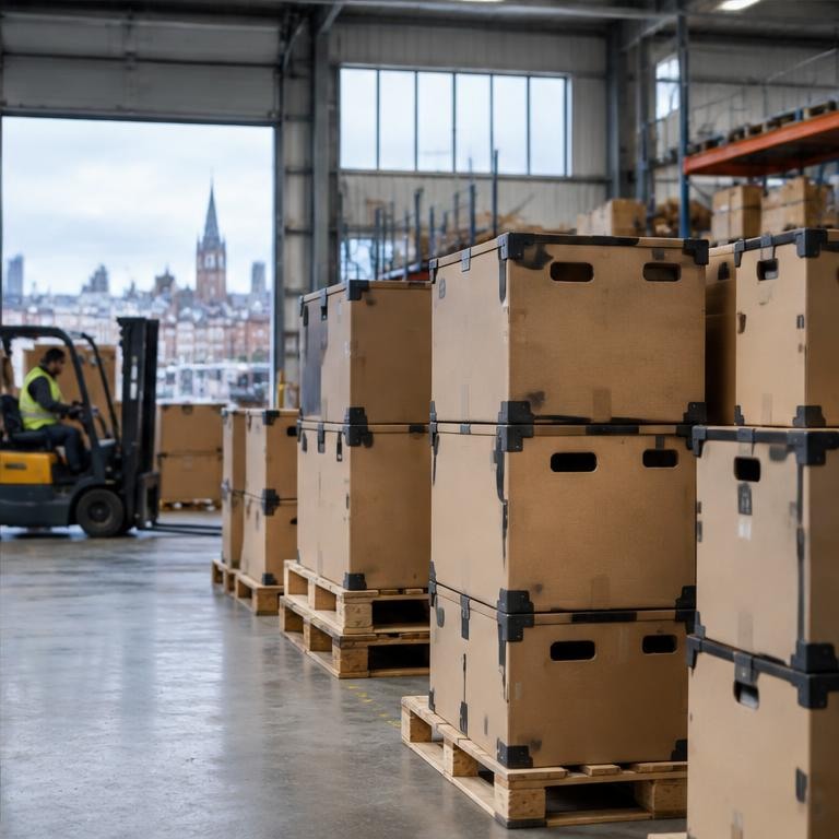 Reusable transport boxes in a Dublin warehouse