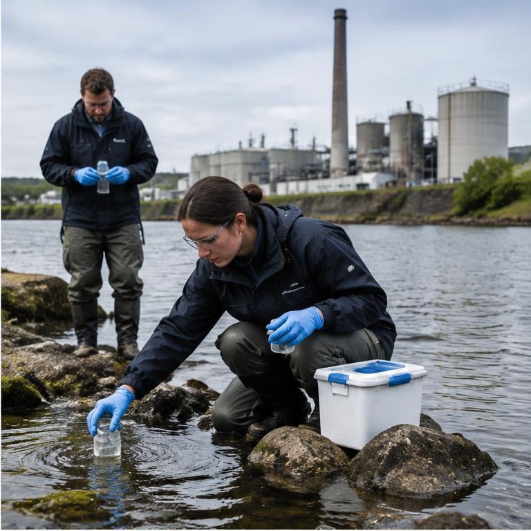 Researchers collecting water samples near an Irish industrial site